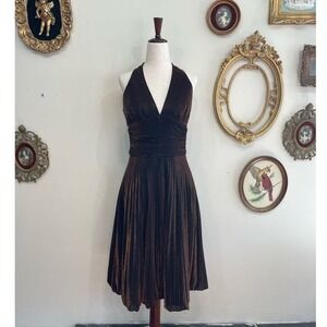 Vintage Caché Bronze Metallic Pleated Halter Dress Size Medium